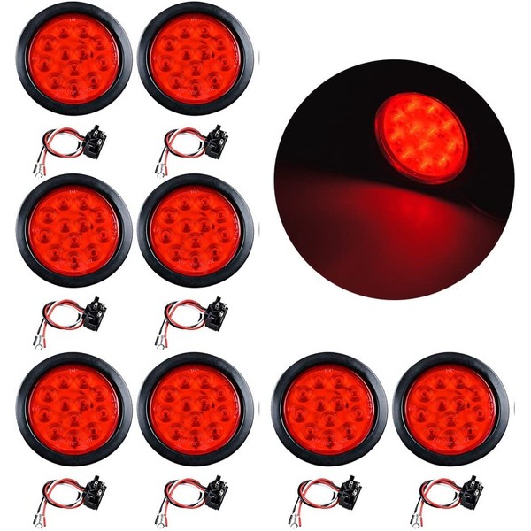 8PCS 4" Inchs Round Trailer Lights, Super Bright Red 12