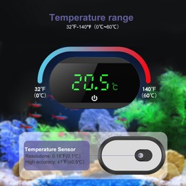 OQIMAX Mini Digital Aquarium Thermometer, LED Display Fish Tank Thermometer with Touch Buttons, Support ℉/℃ Convertible, Stick-on Wireless Aquarium Thermometers, for Monitoring Axolotl(Black）