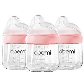 Oberni Baby Bottles with Slow Off-Centered Nipple for 0+ Months, Anti Colic Newborn Milk Feeding Bottle, 150ml/5oz/Pink/3Pack