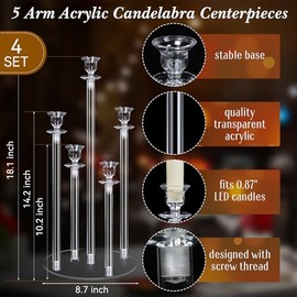 Layhit - Juego de 4 portavelas de candelabro de acrílico de 5 brazos, centro de mesa de boda de 46 cm (18.1 pulgadas) de alto, acrílico transparente con base de candelabros, decoración para fiesta del
