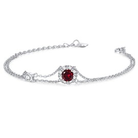 Women's Bracelet, 12 Months, Birthstone, 2 Row Bracelet, Flowers, Silver, Accessories, Platinum Plated, Birthday, Mother's Day, Present, Beautiful Box Included, Silver, Garnet