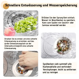 Sink Plug, Drain Strainer, Kitchen Sink 2-in-1 Combo, All Metal Drain Plugs and Strainer Baskets, Anti-Clogging, Kitchen Plug for Sink, and Prevent Odours, Sink Depth > 22 mm