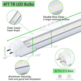 Nimgoti T8 LED Bulbs 4 Foot, 12-Pack 4FT LED Tube Light, 24W 3200LM, 5000K Daylight White, T8 Fluorescent Tube Replacement, Dual-Row Chips, Super Bright, Ballast Bypass, Dual-End Powered, Type B