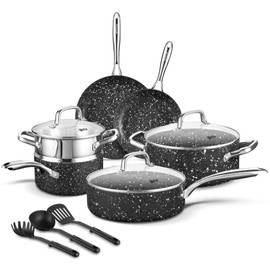 HLAFRG Nonstick Cookware set Pots Pans and Cooking Utensils, Durable Nonstick Coating, Oven Safe and Induction Compatible, 12 Piece Set, Black Granite