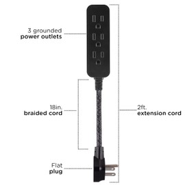 Cordinate Designer Mini 3-Outlet Power Strip, 18 in Braided Extension Cord, Grounded Adapter, Low-Profile Flat Plug, ETL Listed, Black/Dark Heather, 47298