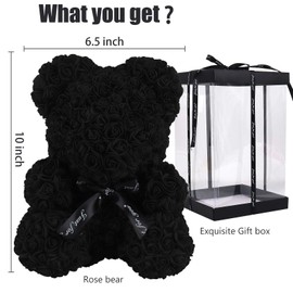 RECUTMS Artificial Rose Bear Flowers Rose Teddy Bear 10 inch Wedding Party Decoration Box for Valentines Day Gift Mothers Day Anniversary Birthday Present (Black)