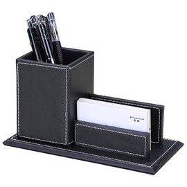 KINGFOM Office Accessories Multipurpose Leatherette Desktop Mesh Collection Container Pen Pencil Holder Caddy Organizer & Business Cards Holder Stand (black)