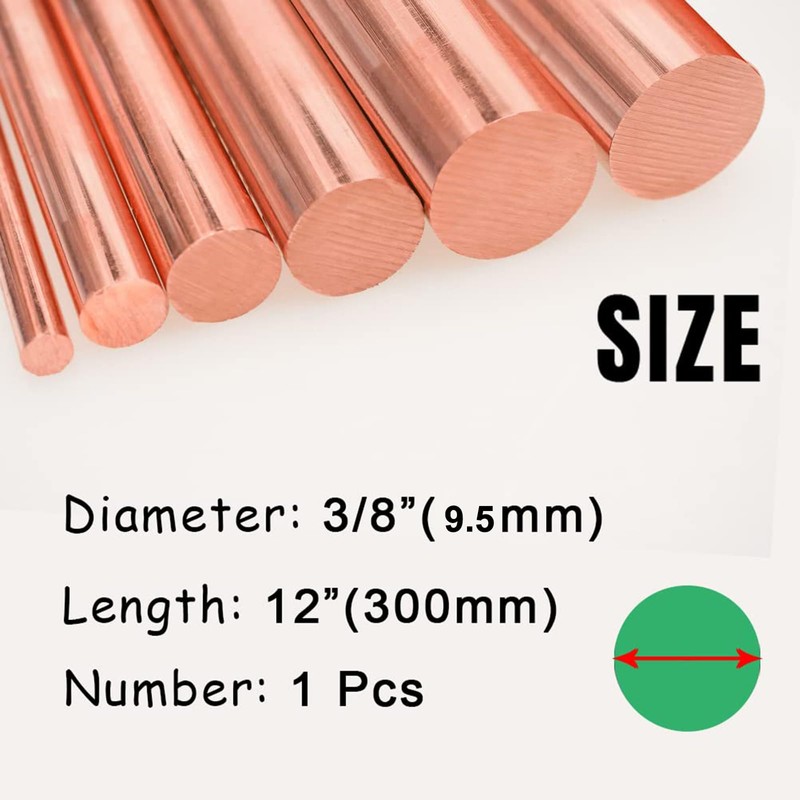 Tynulox 1Pcs Pure Copper Round Rod 3/8"(9.5mm) Dia 11.81" Length