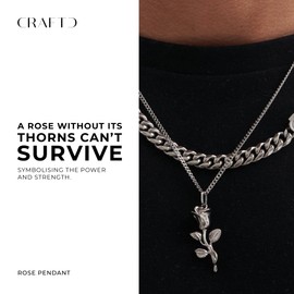 CRAFTD | Silver Rose Pendant Necklace | Rhodium & 316L Stainless Steel | 20.5" Silver Chain Link with 20MM x 20MM Pendant | Waterproof, Heat & Sweat Resistant | Gifts for Men | Men's Jewelry