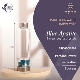 Crystal Water Bottle Elixir Set | Genuine Blue Apatite & Clear Quartz Gemstones | Black Neoprene Sleeve | Created For The Healing Enthusiast To Drink Gem Infused Water
