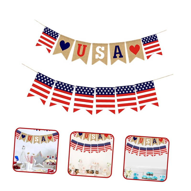 jojofuny 2sets USA Patriotic Bunting American Independence Day Banner Love