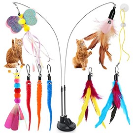 12pcs Juguetes para Gatos Interactivos, 8 Juguetes con Campanas, 2 Varas Teaser de Gato, 1 Taza Super Succión Extraíble Doble Cabeza, 1 Cordón Pegajos