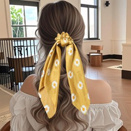 Flomiara Haarschleifen, Haargummis für Damen, Pferdeschwanz-Halter, Zubehör, Blumen, Haarspangen, Friseur, geknotete Schleife, Stoff, langes Haarband für Frauen und Mädchen, Gelb, 3 Stück