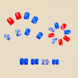 Flowers Red Press on Nails Short Square Fake Nails Blue False Nails With White Floral Designs Full Cover Stick Acrylic Spring Artificial for Women 24 Pcs
