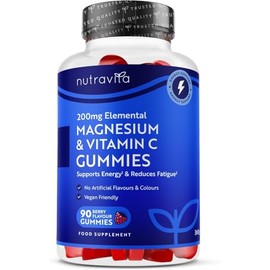 Magnesium & Vitamin C Gummy Bears for Adults - High Dose Magnesium - 90 Berry Flavoured Vegan Gummy Bears - Nutravita