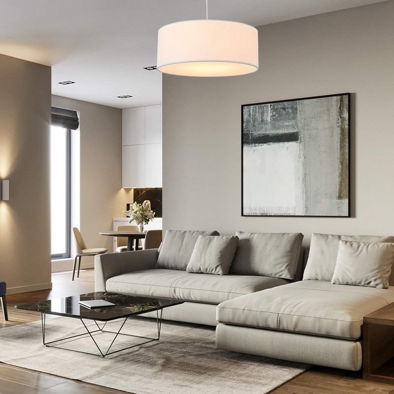 Modern 3-Light White Drum Pendant Light Fixture, 16''Nickel Fabric Shade,
