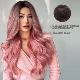 Peluca de Despedida Media, Peluca Larga Ondulada para Mujeres y Niñas, Rosa, Rizada, Peluca Sintética Resistente Al Calor, Peluca Sintética Elegante para Disfraz de Cosplay