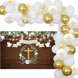 YYBD 65 Pcs First Communion Balloons Kit First Communion Decorations First Holy Communion Balloons Garland Arch Baptism Decoration for Boys Girls God Bless Christening Baptism Theme Party Supplies
