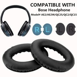 WADEO Ersatz Ohrpolster für Bose Around-Ear 2 (AE2), Around-Ear 2 (AE2w) QuietComfort QC25/QC2/QC15 Leder Kopfhörer Austauschkissen Schwarz