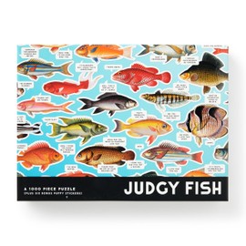 Brass Monkey Judgy Fish – 1000 Piece Jigsaw Puzzle Featuring Vintage Inspired Illustration Of Fish Art With Funny Quotes And Puffy Stickers