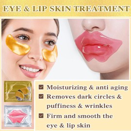 Eye Mask And Lip Mask Set, 15 Pair Gold Eye Mask And 15 Pcs Pink Lip Mask for Moisturizing, Under Eye Patches and Lip Pads,Collagen Crystal Lip Mask Set for Moisturizing