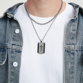 REVEMCN Black Silver Stainless Steel Dog Tag Cross Necklace for Men Boys Featuring Lord's Prayer Bible Verse Cross Pendant with 20-24 Inch Rope Chain, Inspirational Jewelry Gift for Boys and Men (Lord's Prayer - Black, 20 inches + 5 inches)