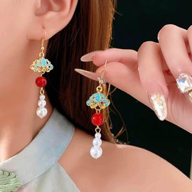 Yheakne Vintage Pearl Drop Earrings Gold Pearl Chain Earrings Tiny Red Bead Earring Enamel Filigree Dangle Hook Earring Jewelry for Women