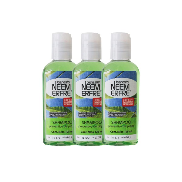 bienestar NEEM ERFRE Shampoo Preventivo Repelente de Piojos de Neem natural-Sin Parabenos Petrolatos-Biodegradable-Para toda la familia- (Paq- de 3)