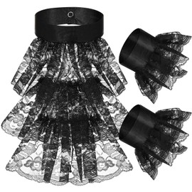 Geyoga Set of 3 Lace Cuffs Jabot Victorian Collar for Carnival Black Elizabethan Collar Ruffle Removable Wrist Steampunk Pirate Colonial Costume Accessory for Party Cosplay, As shown in the pictures.