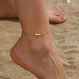 Kyazeo Dainty Cross Ankle Bracelets for Women 18K Gold Plated Tiny Pearl Colorful Beads Beach Summer Simple Foot Jewelry Anklets for Jewelry Gift