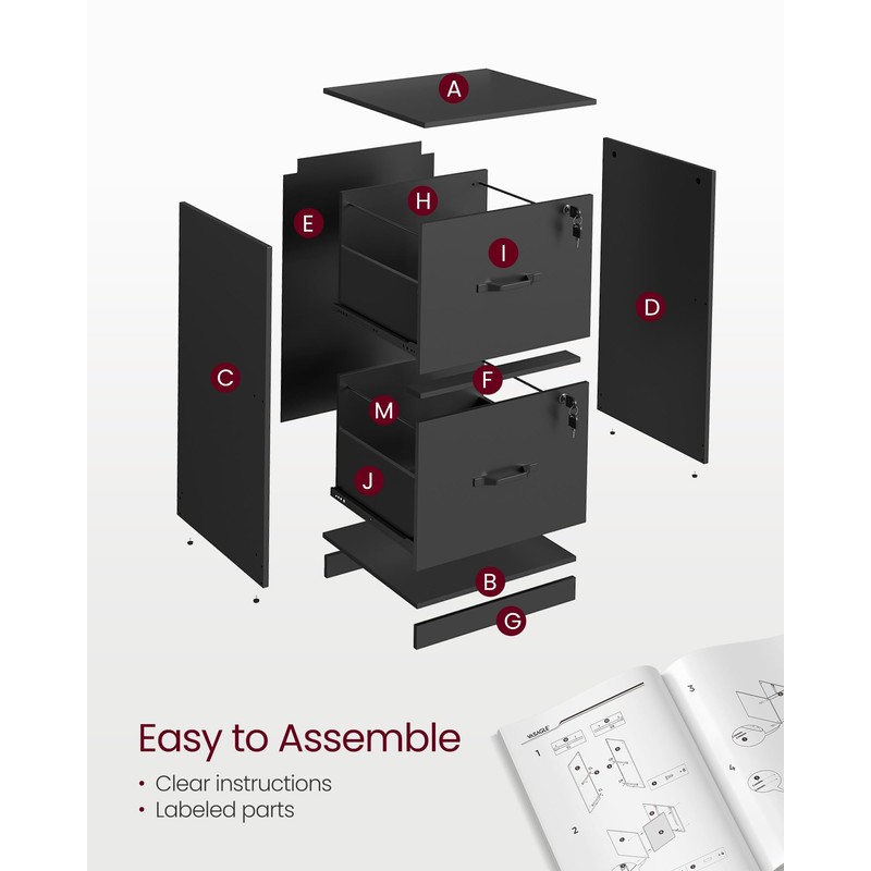 VASAGLE 2 Drawer File Cabinet, File Cabinet with Lock, Printer