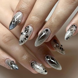 LBPEPAMZ Medium Almond Press on Nails Punk Y2k Fake Nails Gradient Black Stick on Nails 3D Rhinestones Cool Butterfly Design Acrylic Nails Silver Chrome Full Cover Glossy False Nail for Women 24Pcs