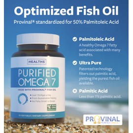 Healths Harmony Purified Omega 7 Softgels (1 Month Supply) More Omega 7 & Less Palmitic Acid Than Sea Buckthorn Oil - Provinal Sustainable Peruvian Anchovy Fish Oil Supplement - Non-GMO & Gluten Free - 30 Capsules