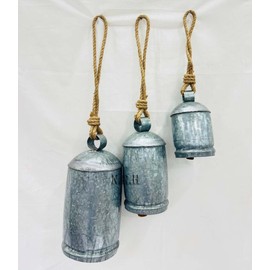 Nautical Replica Hub Christmas Cow Bells Harmony Giant Cow Bells Vintage Christmas Decoration Bell Silver Wall Hanging Bell Rustic Bell Ornaments with Garland for Tree Door Decor Set of 3 (4", 6",8")