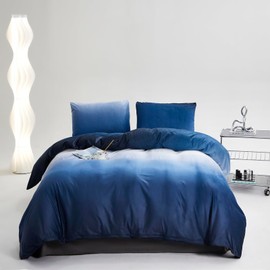 Cottonight Velvet Fluffy Comforter Full Blue Gradient Plush Flannel Bedding Set Women Men Thick Warm Winter Blanket Quilts Sherpa Micromink Ink Color Navy Blue Plush Fashion Bedding