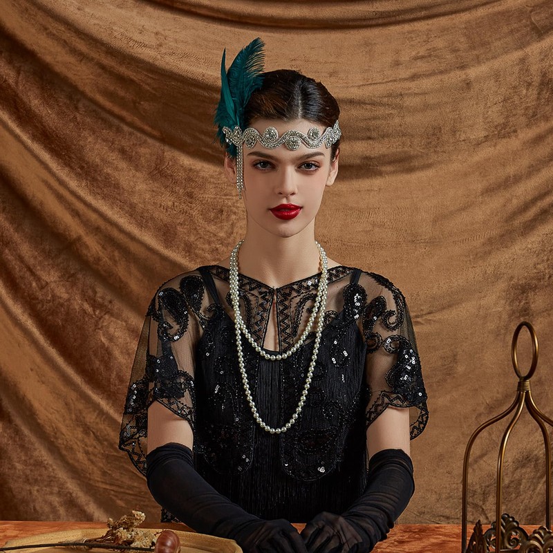 Flapper Headband for Women Vintage 1920s Pearls Feather Lace Headpiece