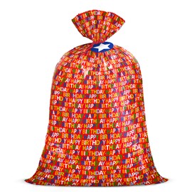 WRAPAHOLIC 56" Large Birthday Plastic Gift Bag - Red Happy Birthday Jumbo Bike Bag Gift Wrap for Baby Shower, Kids Birthdays, Parties, Celebrating, or Any Occasion - 56" H x 36" W