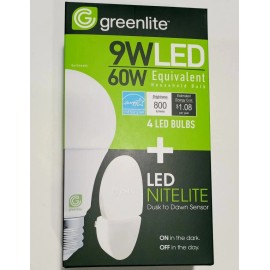 Greenlite A+ 4x9W LED Light Bulb + LED NITELITE GREENLITE A19 60W Equivalent 3000K 800Lmn