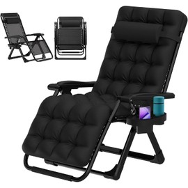 PNKKODW Zero Gravity Lounge Chair, Outdoor Recliner Chair w/Detachable Cushion Cup Holder and Pillow, Portable Folding Anti Gravity Reclining Chair for Outdoor Camping Patio Lawn Pool, Black