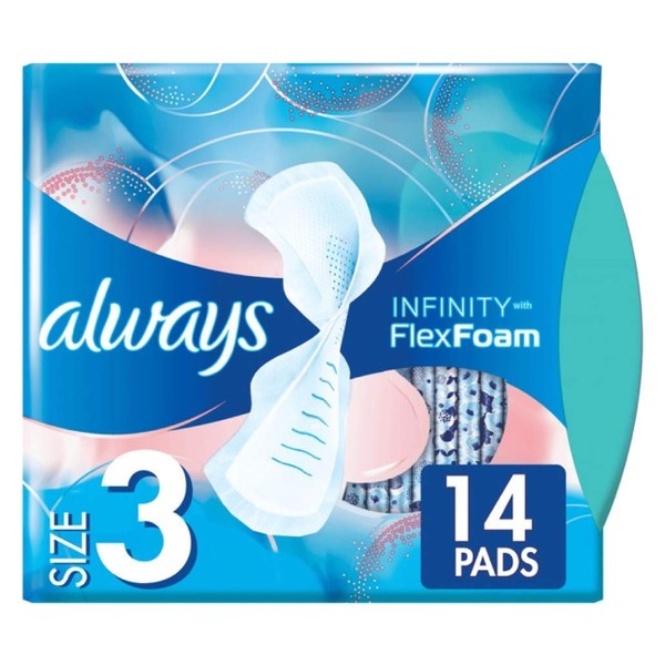 Always Infinity Size 3 Feminine Pads with Wings, Extra Heavy Flow Absorbency, Unscented, 14 Count