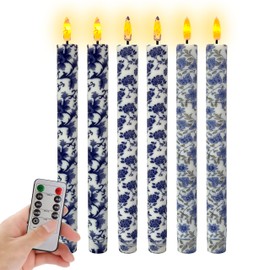 Chinoiserie LED Candles Flameless Candlesticks-6pcs Timer Blue Flower Battery Operated Candle Remote Floral LED Taper Candles Lights for Home Wedding Tea Party Windows Decor-P6TBLUMIX