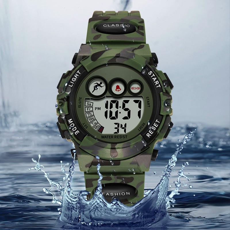 Camouflage Green Kids Watch 7 Colors LED 50M Waterproof Digital