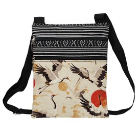 LiuenMgg Japanese Ukiyoe Crane Messenger Bag Small Ethnic Pattern Printed Adjustable Strap Crossbody Zipper Bag Japanese Ukiyoe Crane Phone Bag Wallet Cute Shoulder Handbag for Women Friends