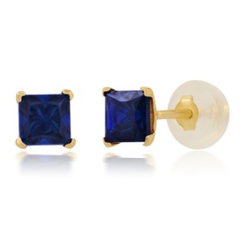 MAX + STONE 14k Yellow Gold Square Stud Earrings for Women with Princess Cut Created Blue Sapphire 4 mm September Birthstone and Push Backs