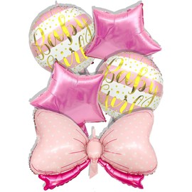 GRUPO CARNAVALLIA Kit 5 Globos Metálicos para Baby Shower Niña Moño Corazón Estrella Rosa Girl Fiesta Bebé