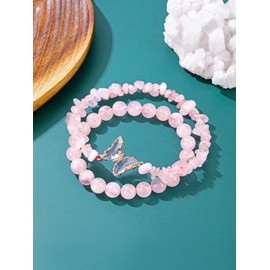 CrystalTears Rose Quartz Crystal Bracelets for Women Natural Healing Gemstone Rose Quartz Beaded Bracelet Butterfly Charms Pink Stone Layered Bracelet Gifts for Women Christmas