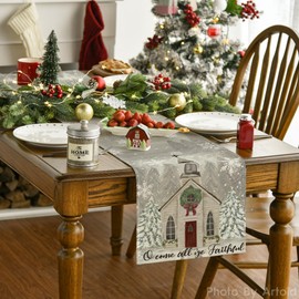Artoid Mode Church Xmas Trees Snowflakes Merry Christmas Table Runner, Bow Tie Kitchen Dining Table Decoration for Outdoor Home Party 13x36 Inch