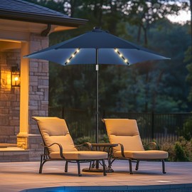 wikiwiki 7.5ft Solar Led Patio Umbrella, Sturdy Outdoor Market Umbrella for Deck, Pool, Garden w/Tilt, Crank, 18 LED Lights, Navy Blue