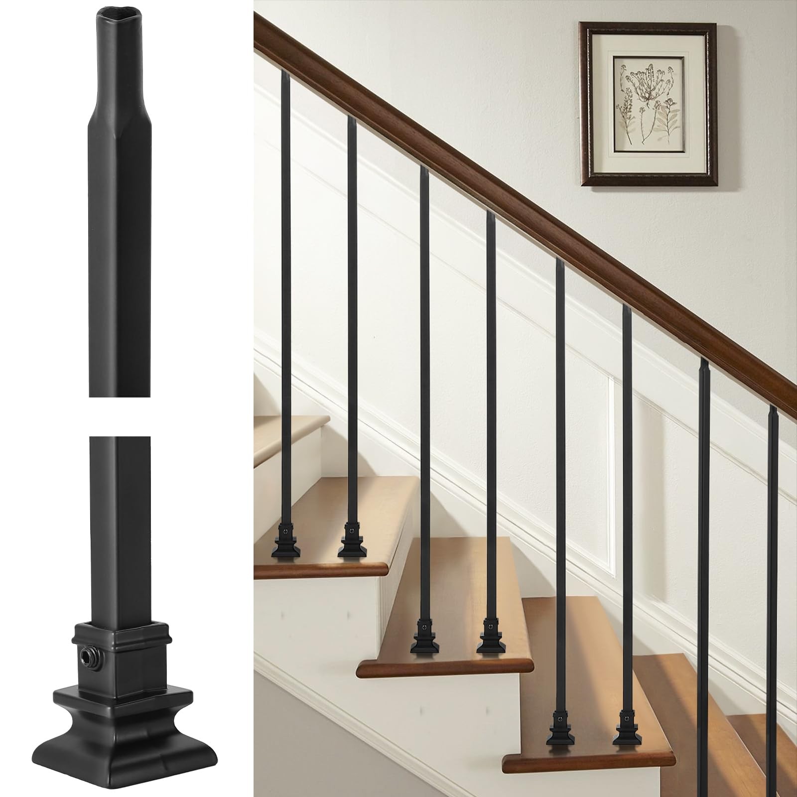WICHEMI 32 Stück Treppengeländer Aus Eisen – 111,3 Cm Lang, 1,27 Cm Durchmesser, Schwarz Pulverbeschichtet (16 Rechteckig, 16 Quadratisch)