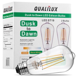 Qualilux Dusk to Dawn Edison LED Light Bulbs ST19, 3000K Warm White, 60W Equivalent 5W 650LM, Auto On/Off Light Sensor Outdoor Bulbs, E26 Base, Vintage Filament, Non-Dimmable, 2-Pack (HQ-H050)